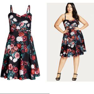 City Chic Gather Front Dress in Black Festive Rose; Size S (16), NWT